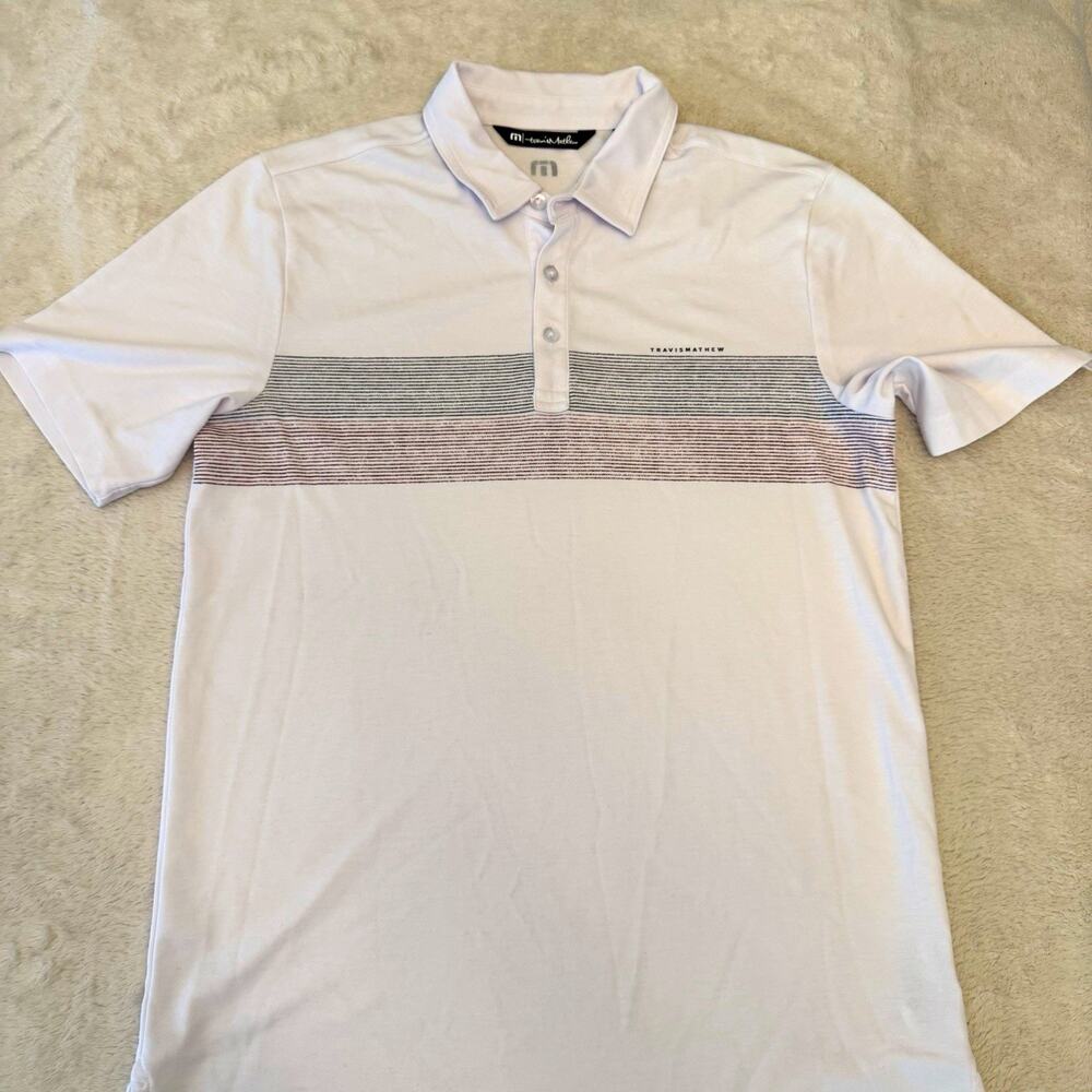TravisMathew Polo Shirt Men S White Red Gray Striped Short Sleeve Cotton/Poly